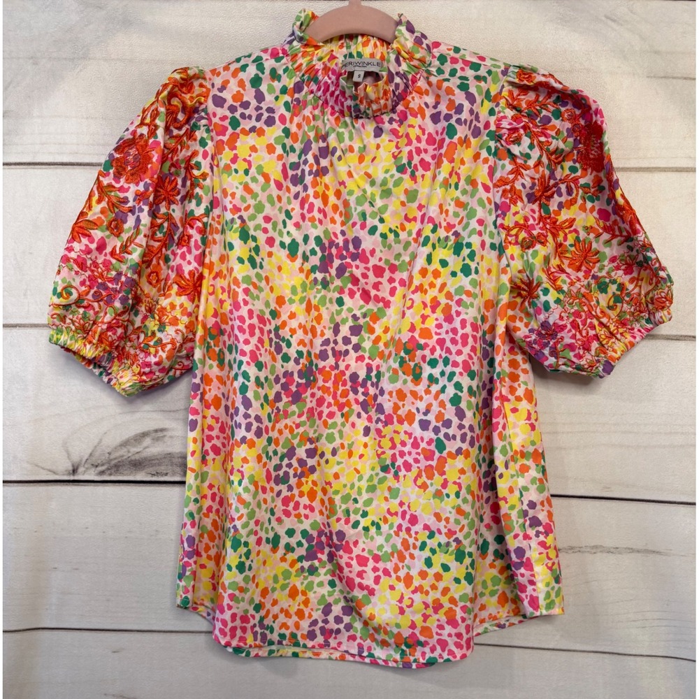 Periwinkle Collection Abstract Confetti Puff‎ Sleeve Embroidered Blouse Small